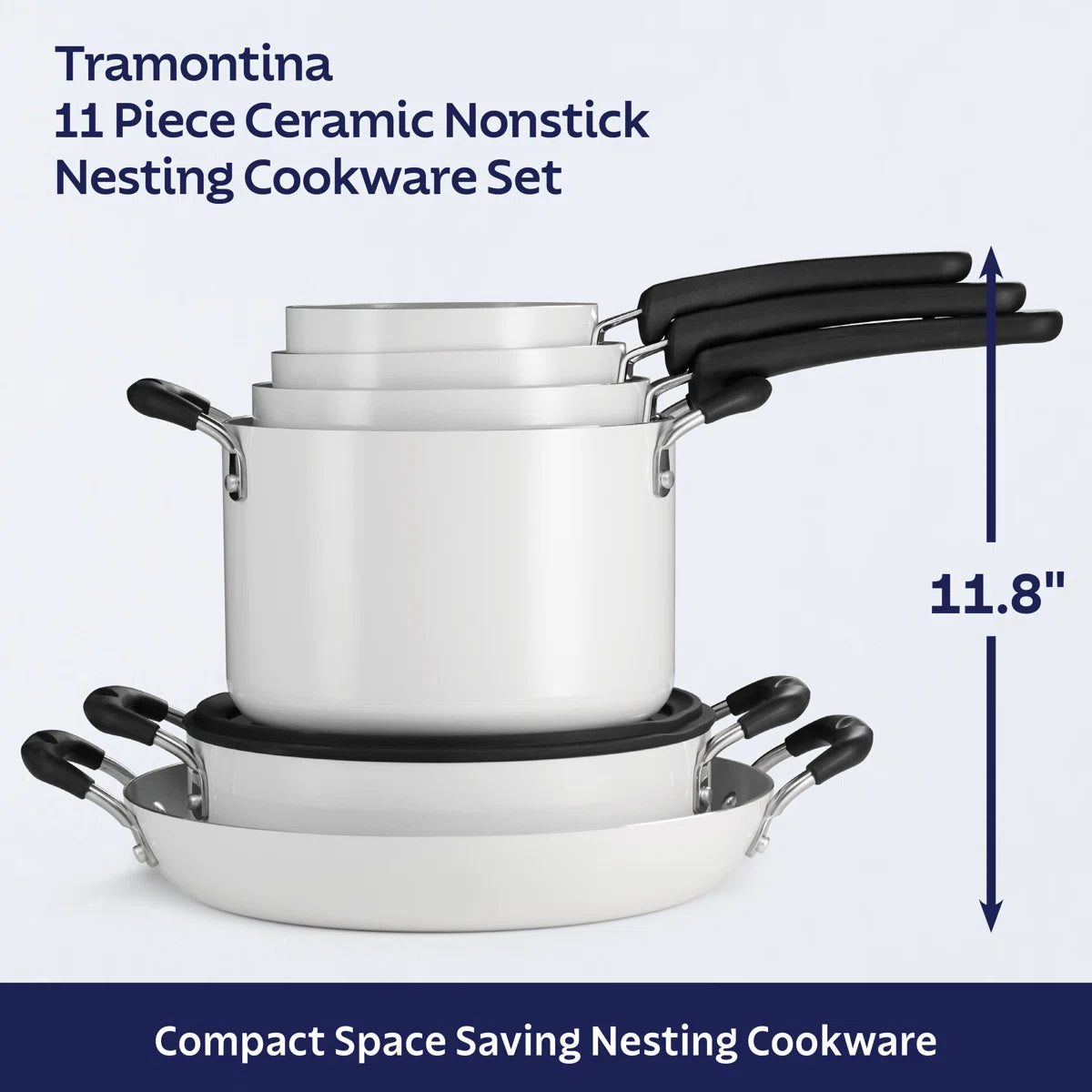 11 Piece Ceramic Nonstick Nesting Cookware Set — Stackable, Space Saving Set - Blance de blance