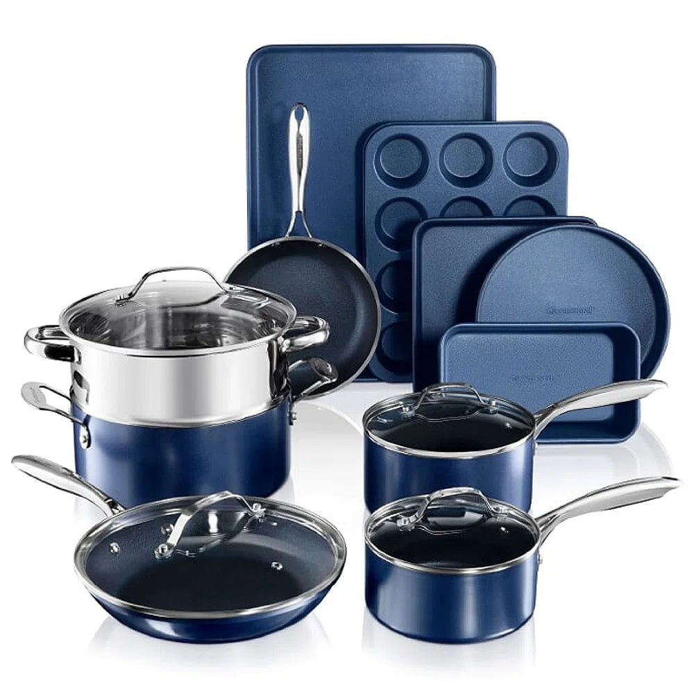 Blue 15 Piece Nonstick Cookware and Bakeware Set, Oven & Dishwasher Safe