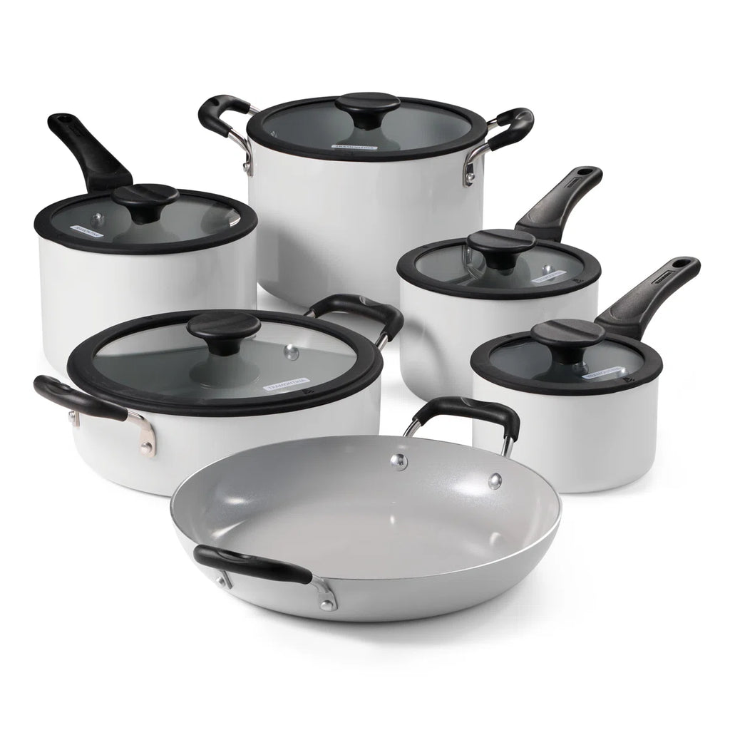 11 Piece Ceramic Nonstick Nesting Cookware Set — Stackable, Space Saving Set - Blance de blance