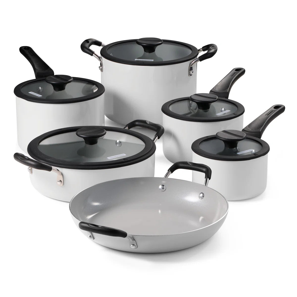 11 Piece Ceramic Nonstick Nesting Cookware Set — Stackable, Space Saving Set - Blance de blance