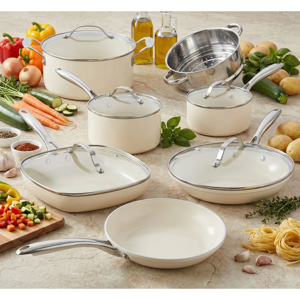 Naturals Cream 12 Piece Ultra Nonstick Ceramic Cookware Set with Stay Cool Handles, Oven & Dishwasher Safe