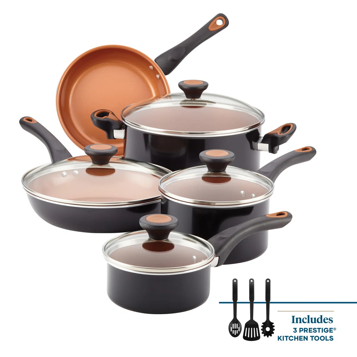Glide Copper Ceramic Nonstick Cookware / Pots And Pans Set With Tools, 12 Piece, Black
