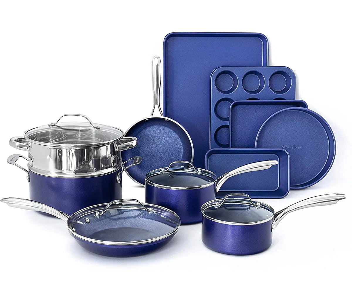 Blue 15 Piece Nonstick Cookware and Bakeware Set, Oven & Dishwasher Safe