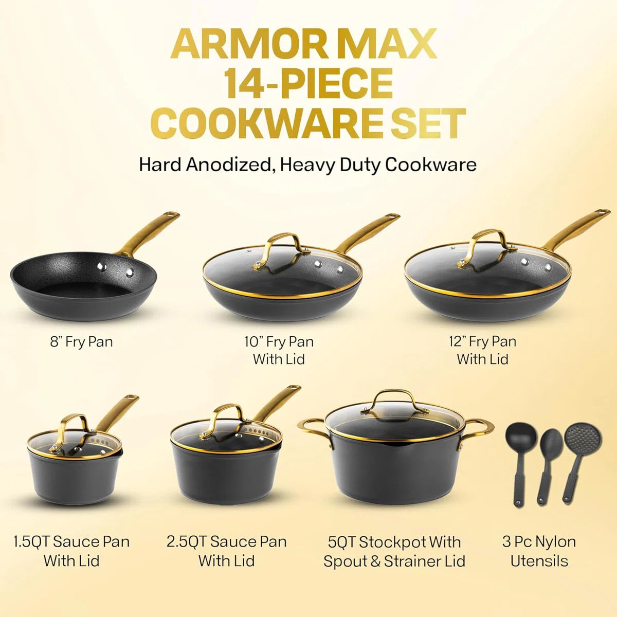 Armor Max Gold 14 Piece Nonstick Hard Anodized Cookware Set With Utensils