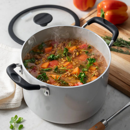 11 Piece Ceramic Nonstick Nesting Cookware Set — Stackable, Space Saving Set - Blance de blance