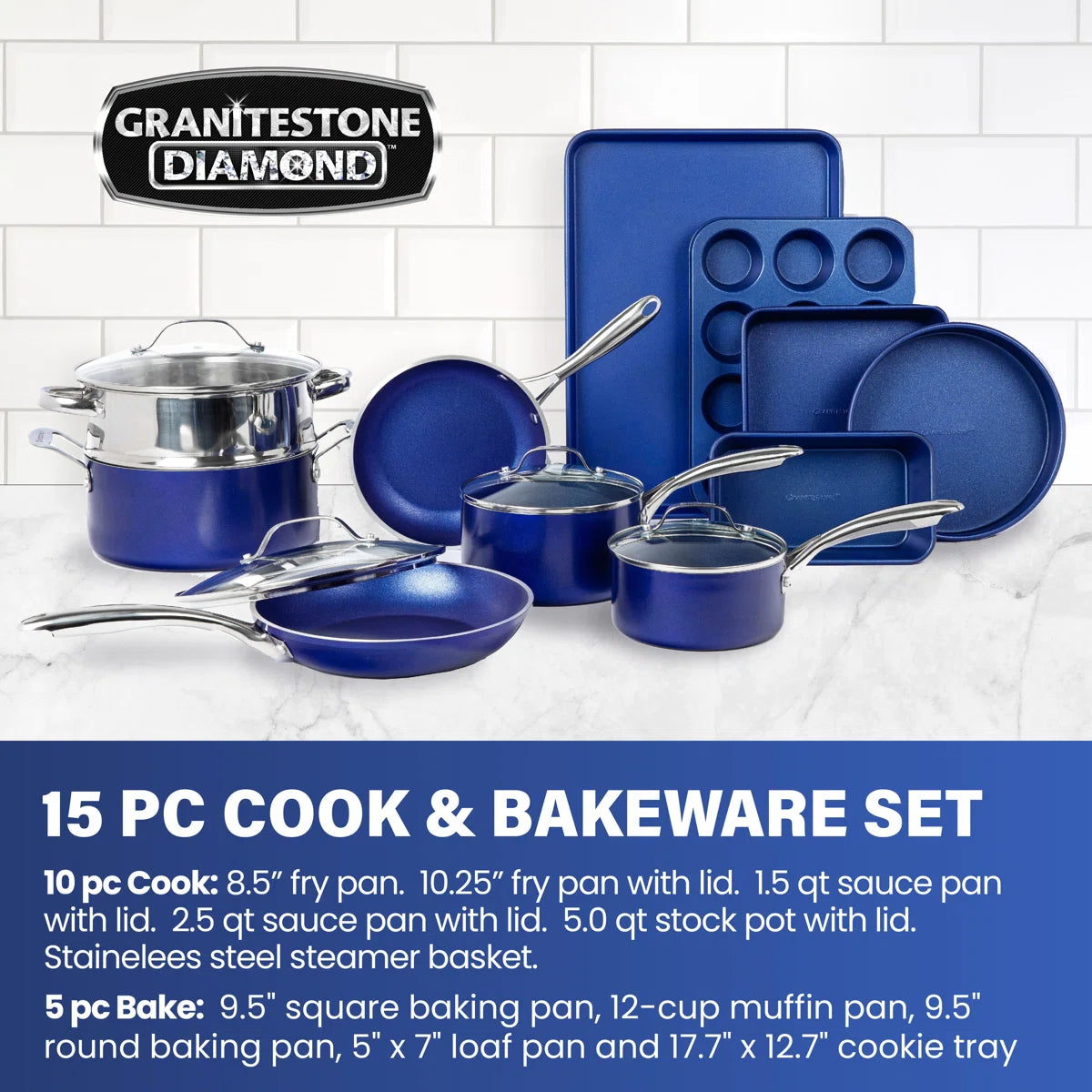 Blue 15 Piece Nonstick Cookware and Bakeware Set, Oven & Dishwasher Safe