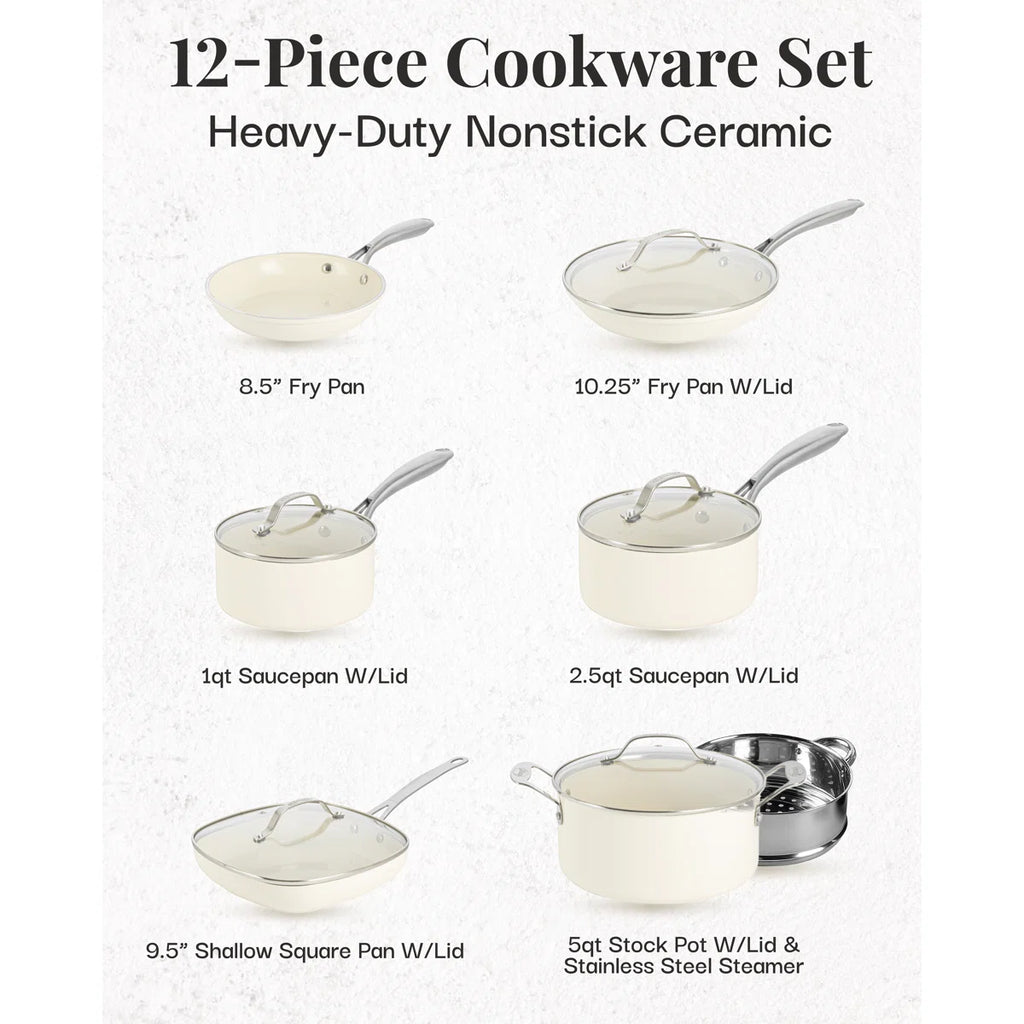 Naturals Cream 12 Piece Ultra Nonstick Ceramic Cookware Set with Stay Cool Handles, Oven & Dishwasher Safe