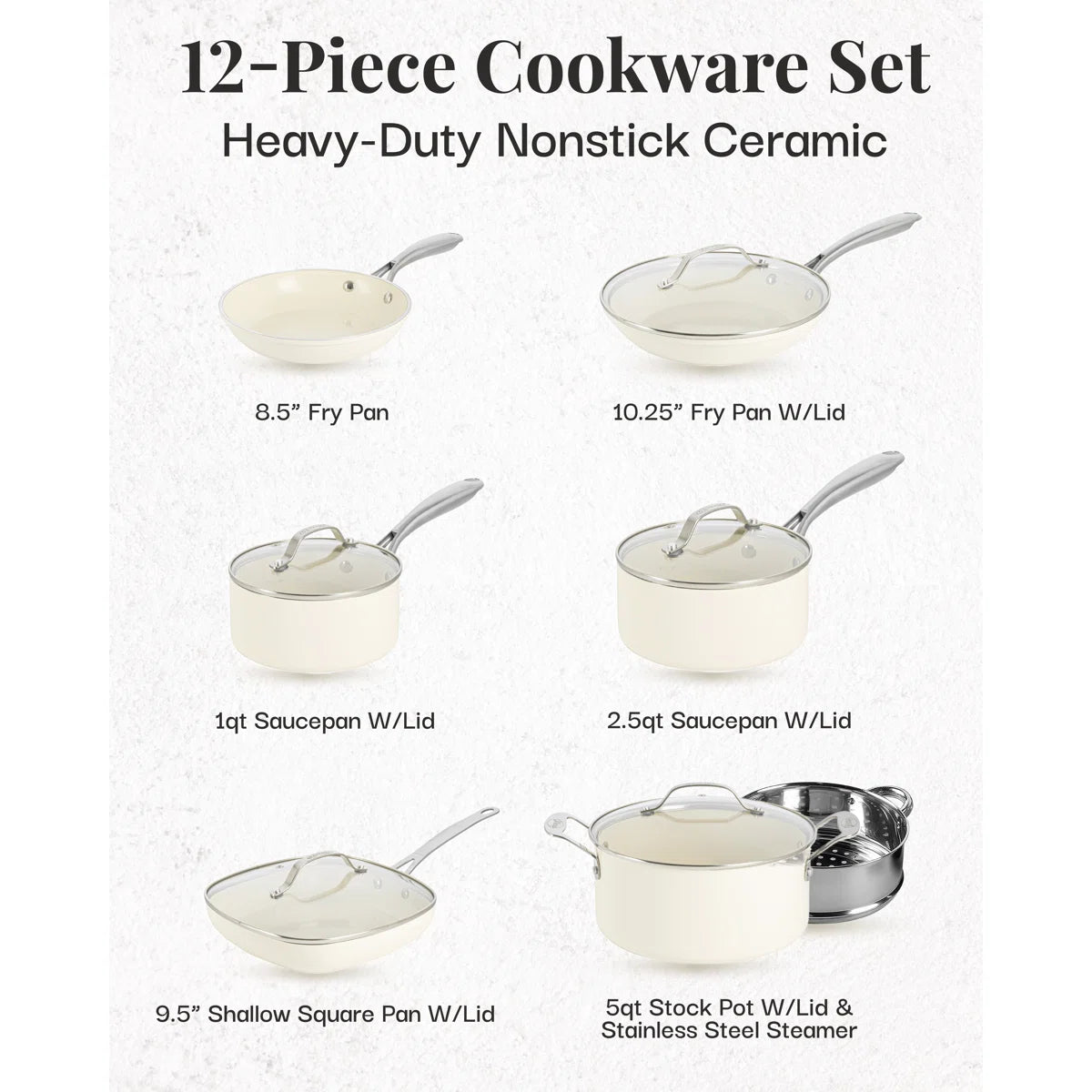 Naturals Cream 12 Piece Ultra Nonstick Ceramic Cookware Set with Stay Cool Handles, Oven & Dishwasher Safe