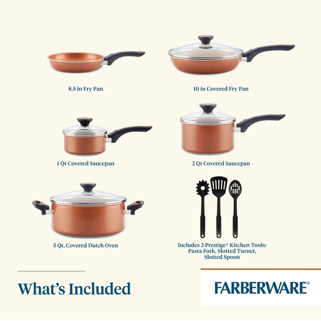 Glide Copper Ceramic Nonstick Cookware / Pots And Pans Set With Tools, 12 Piece, Black