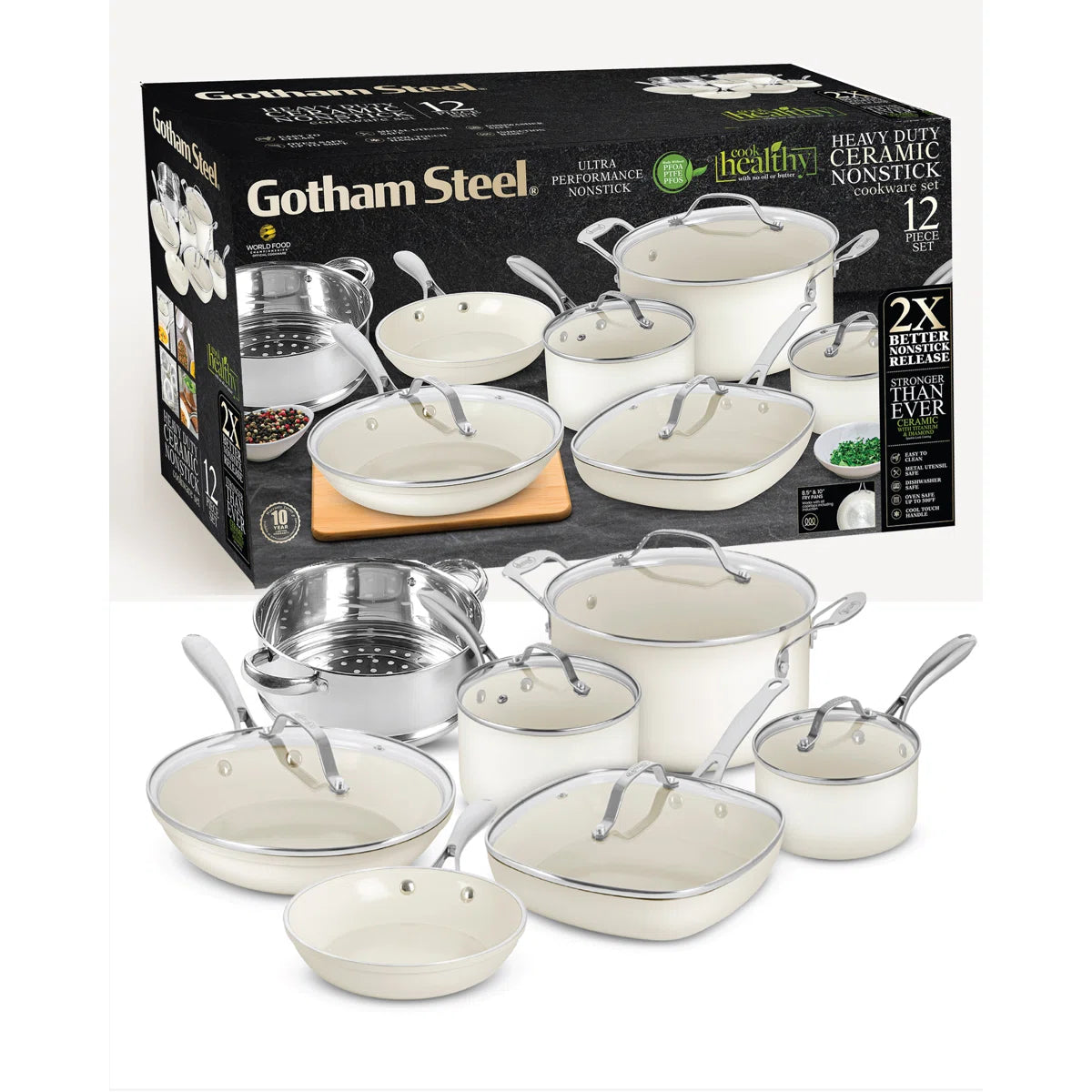 Naturals Cream 12 Piece Ultra Nonstick Ceramic Cookware Set with Stay Cool Handles, Oven & Dishwasher Safe