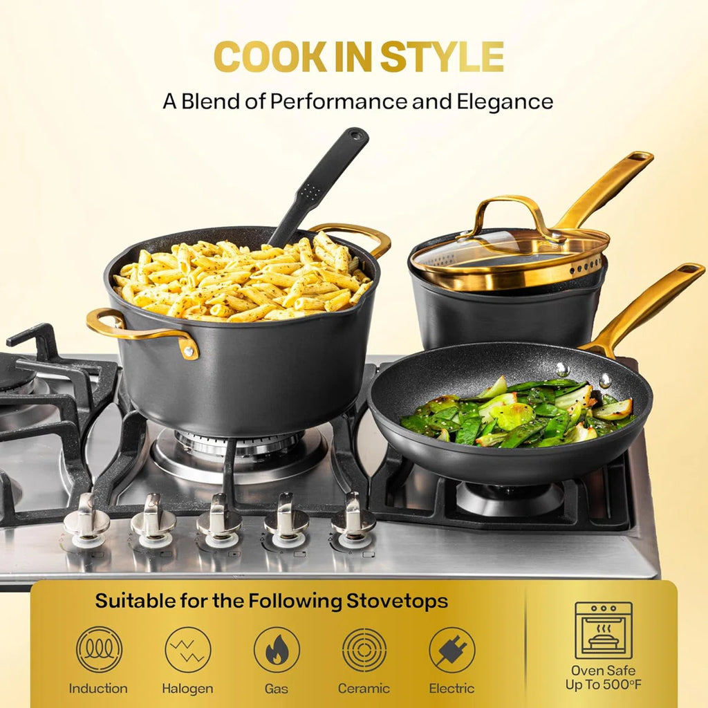 Armor Max Gold 14 Piece Nonstick Hard Anodized Cookware Set With Utensils