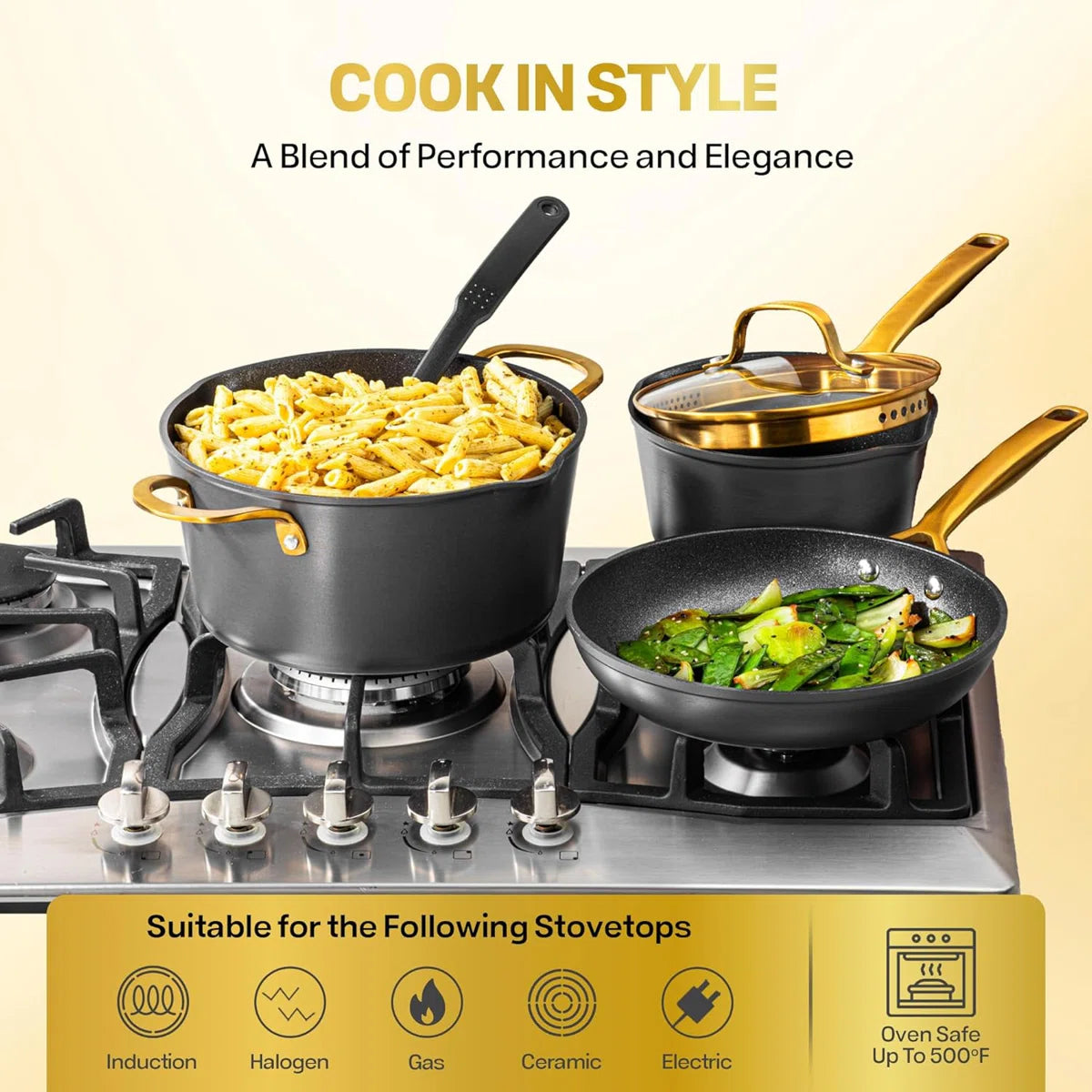 Armor Max Gold 14 Piece Nonstick Hard Anodized Cookware Set With Utensils