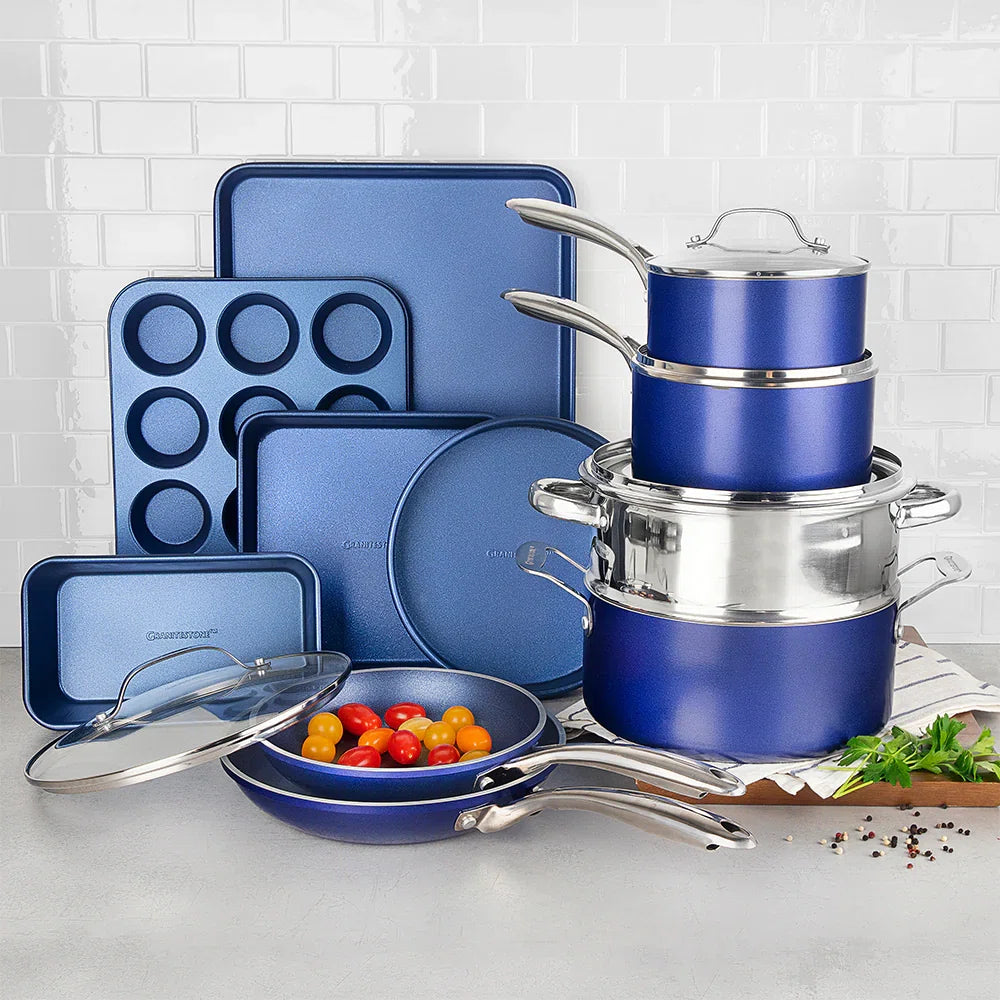 Blue 15 Piece Nonstick Cookware and Bakeware Set, Oven & Dishwasher Safe