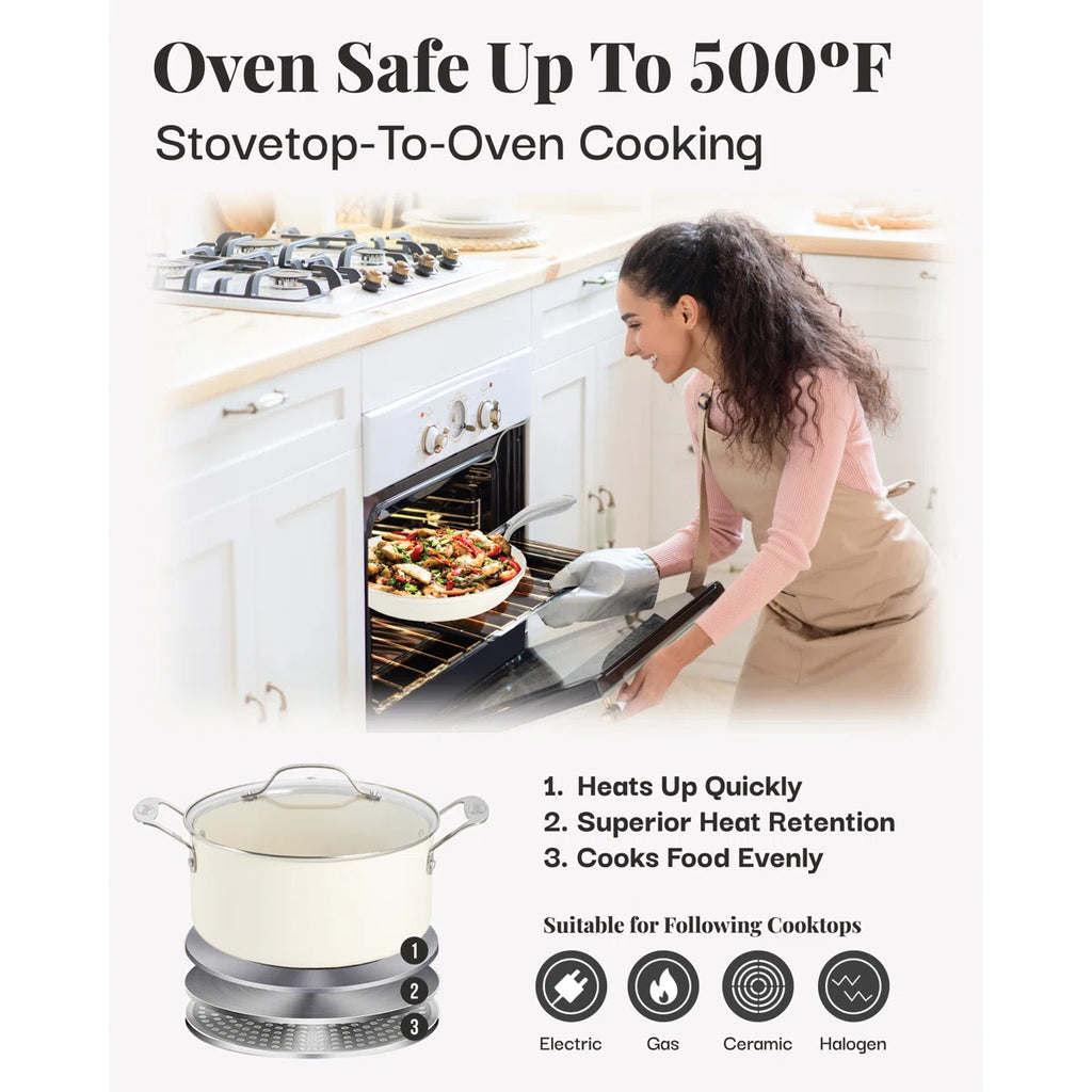 Naturals Cream 12 Piece Ultra Nonstick Ceramic Cookware Set with Stay Cool Handles, Oven & Dishwasher Safe