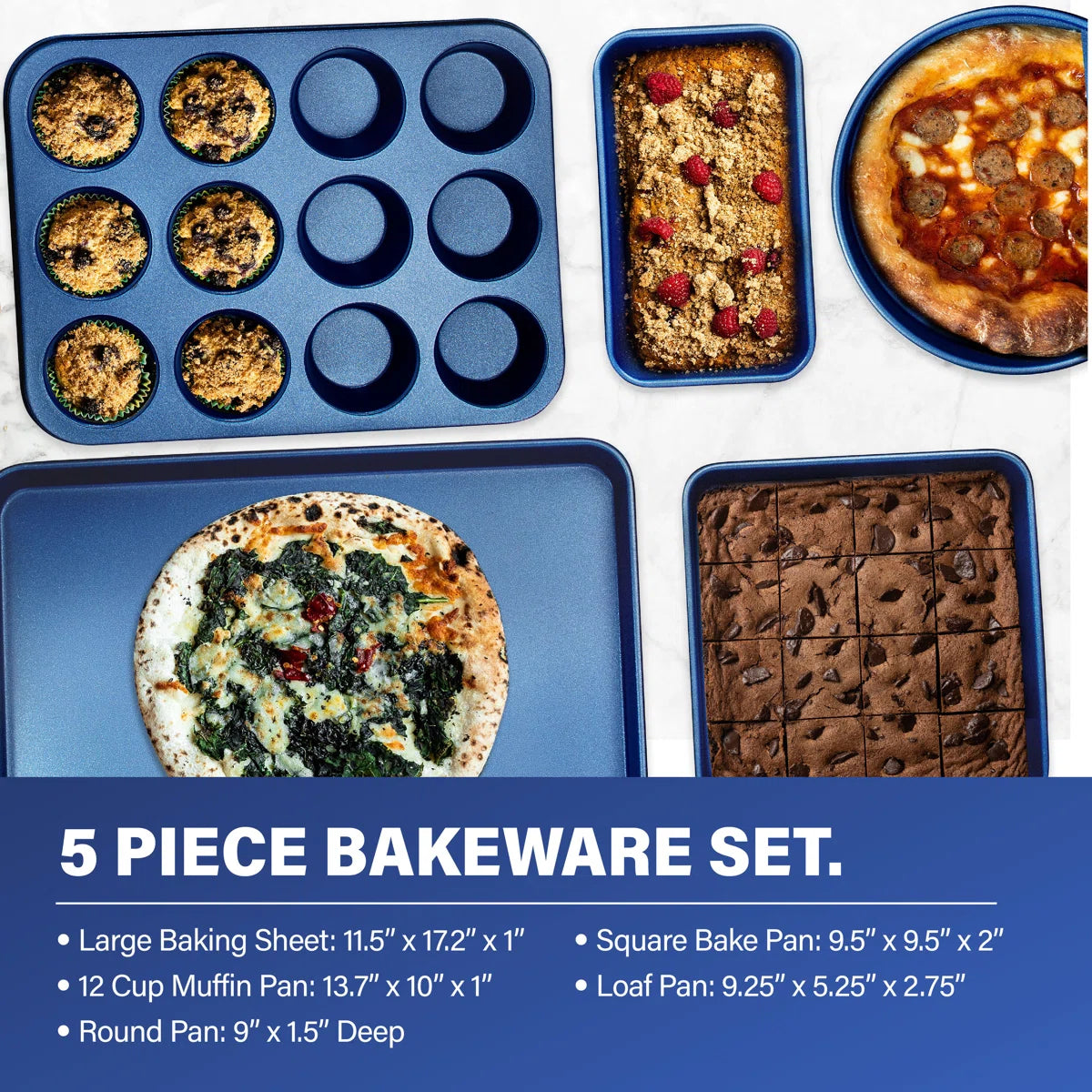Blue 15 Piece Nonstick Cookware and Bakeware Set, Oven & Dishwasher Safe
