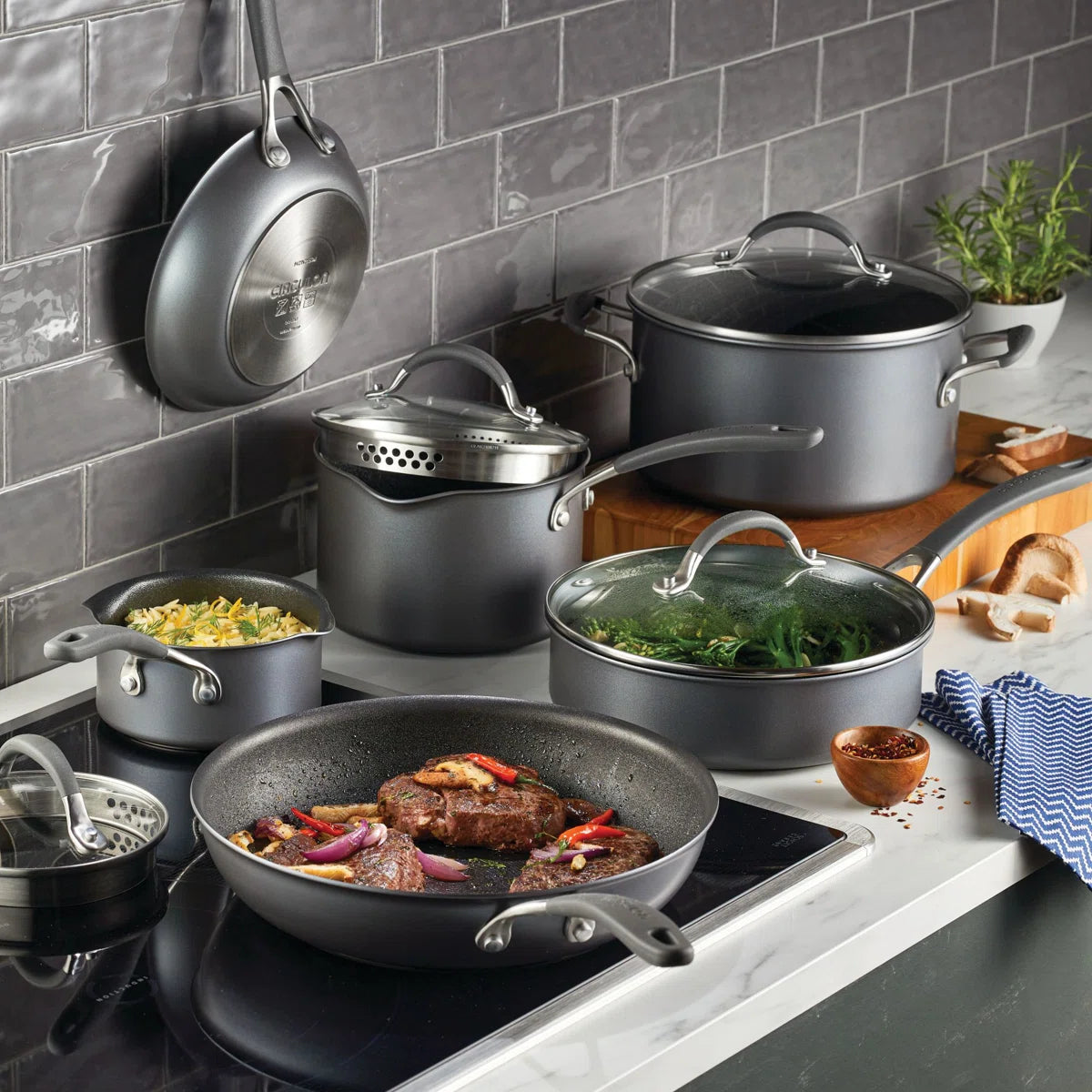 A3 Series with ScratchDefense Nonstick Induction Pots and Pans Cookware Set, 10-Piece, Graphite