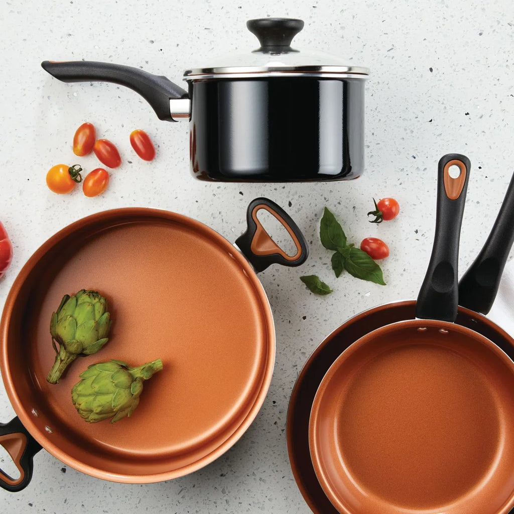 Glide Copper Ceramic Nonstick Cookware / Pots And Pans Set With Tools, 12 Piece, Black
