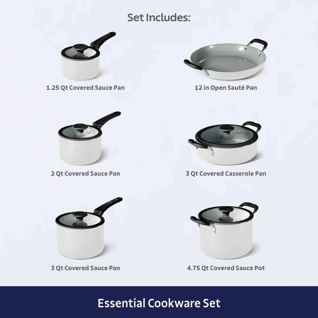 11 Piece Ceramic Nonstick Nesting Cookware Set — Stackable, Space Saving Set - Blance de blance