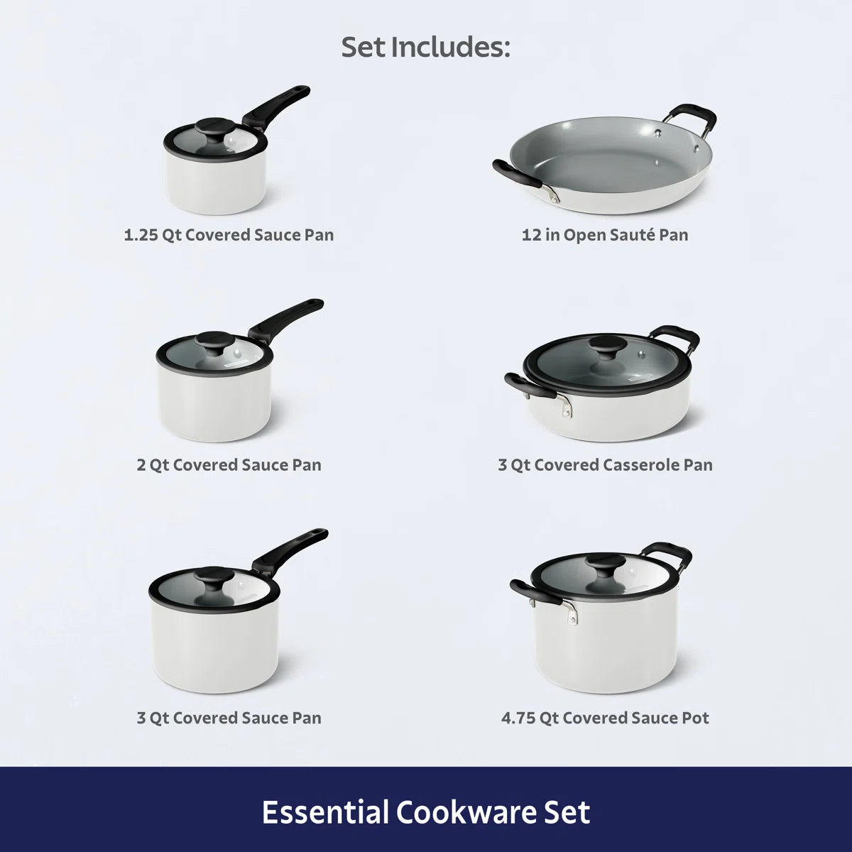 11 Piece Ceramic Nonstick Nesting Cookware Set — Stackable, Space Saving Set - Blance de blance